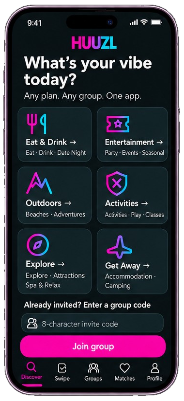 HUUZL app preview: Choose a category
